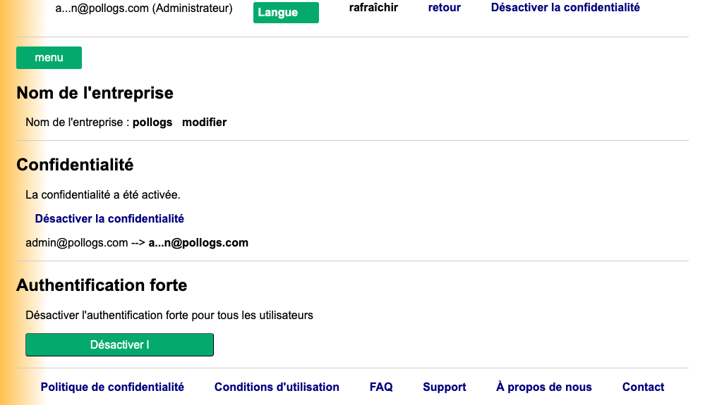 Vue administrateur du tableau de bord des paramètres