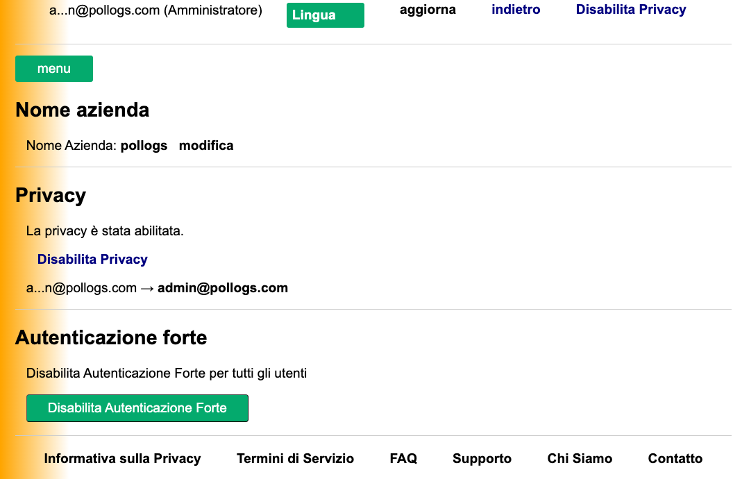 Vista Dashboard Impostazioni Admin