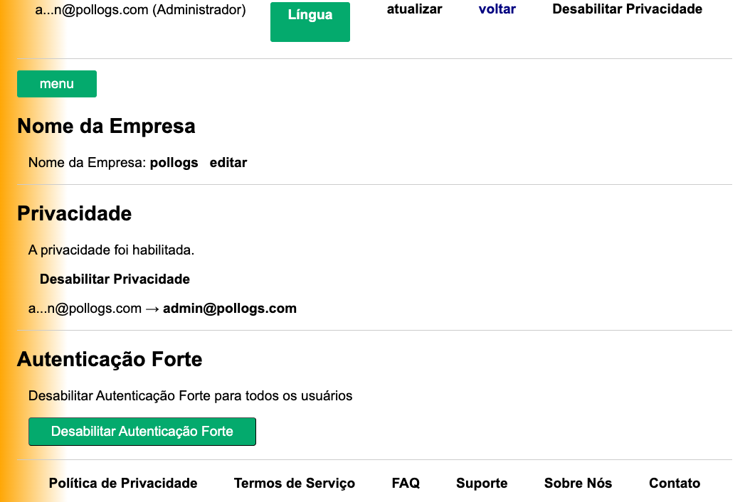 Visualização do Painel de Configurações do Administrador