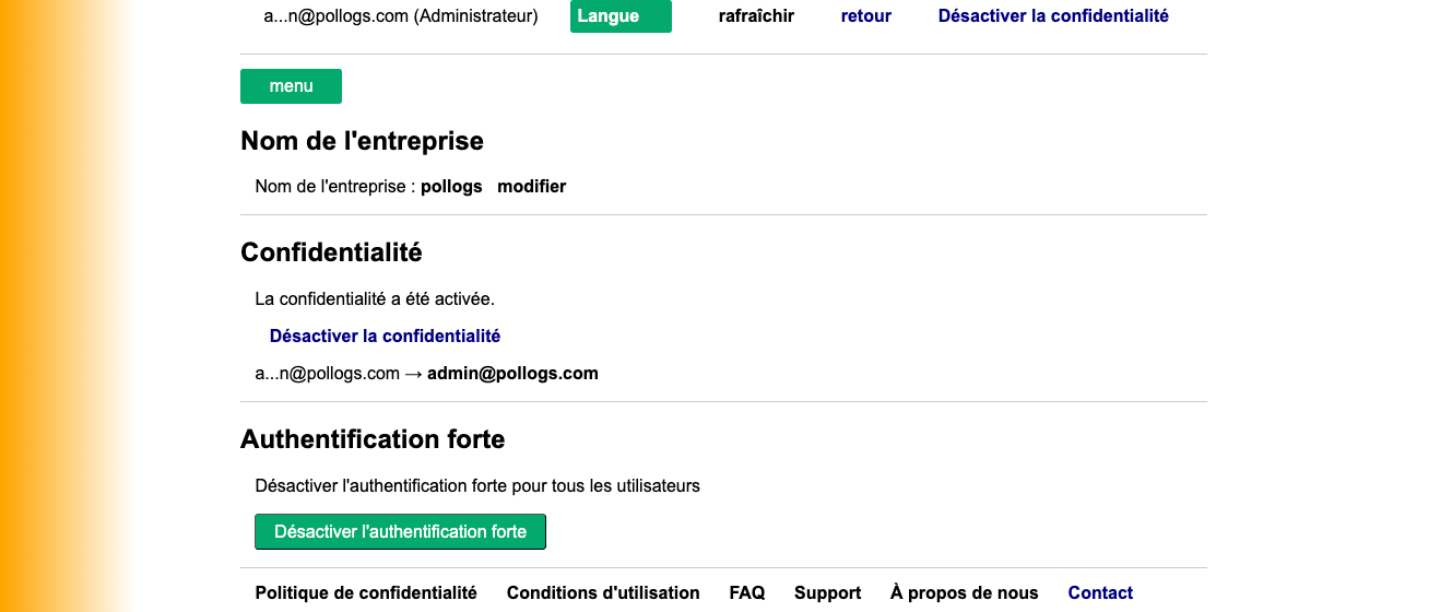 Vue de la page des paramètres administrateur