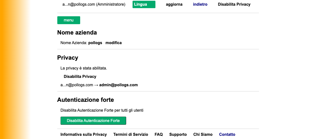 Vista Dashboard Impostazioni Admin