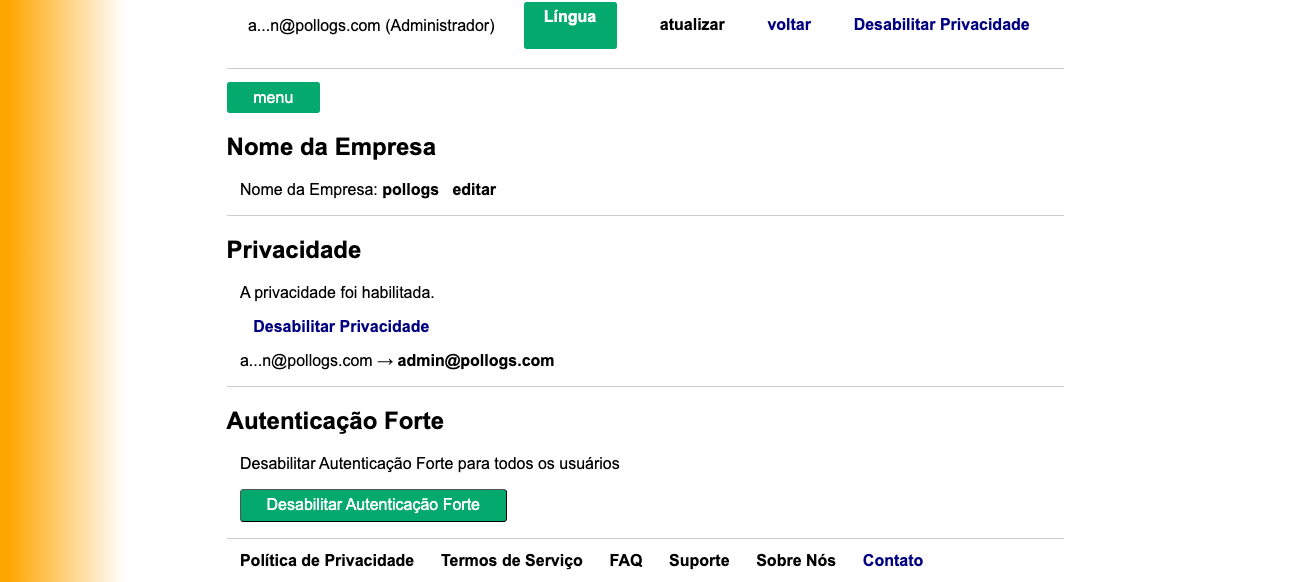 Visualização do Painel de Configurações do Administrador
