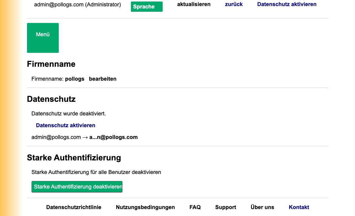 Admin-Einstellungen Dashboard-Ansicht