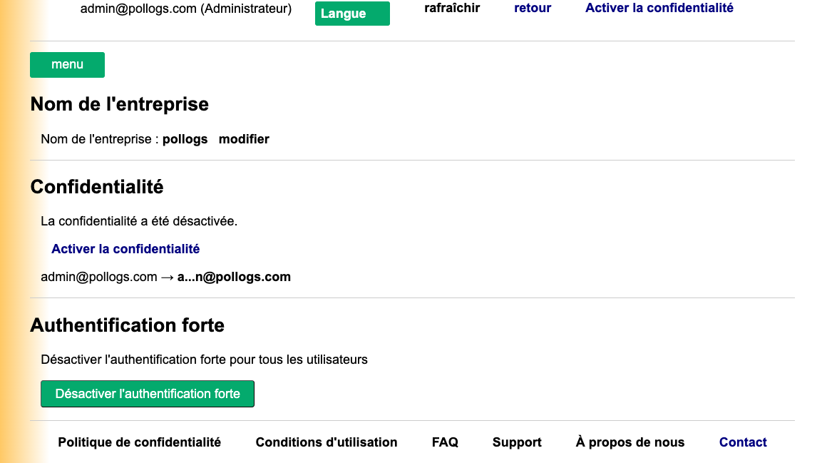 Vue du tableau de bord des paramètres administrateur