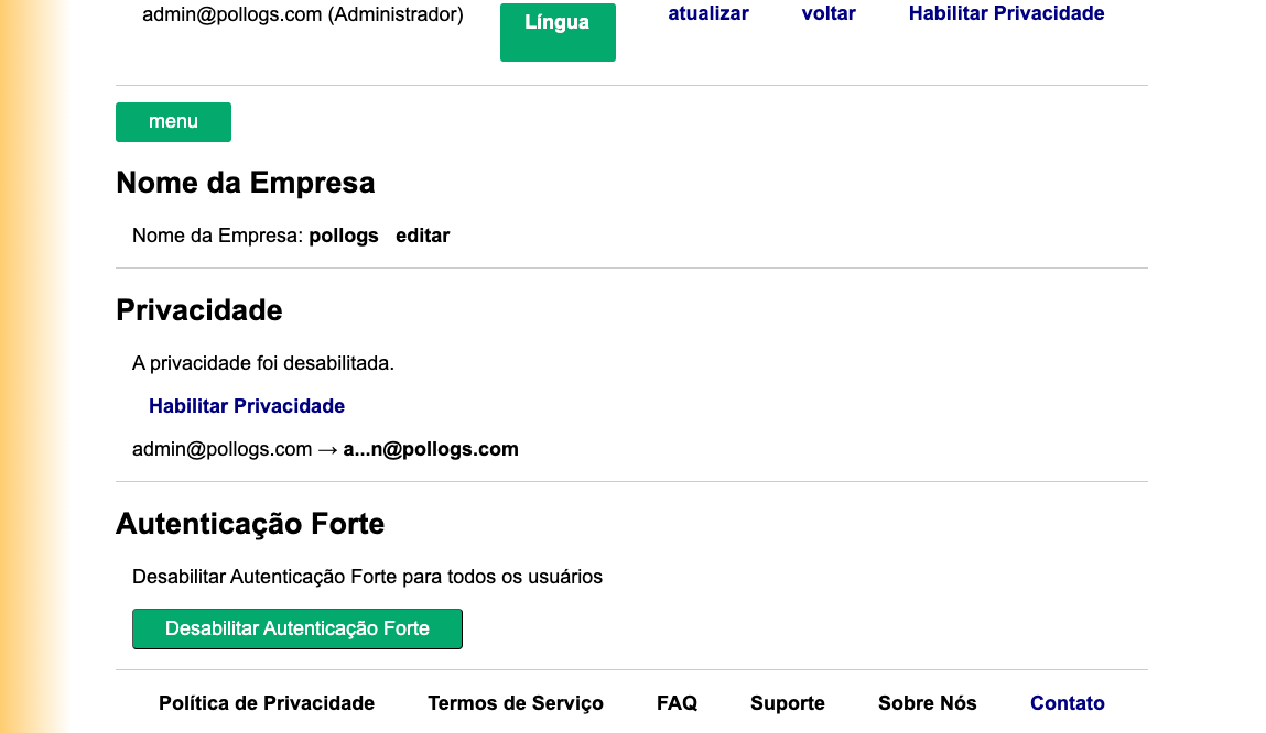 Visualização do Painel de Configurações do Administrador
