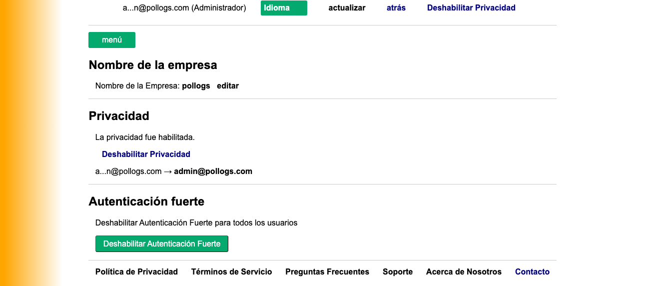 Vista del Panel de Configuração del Administrador