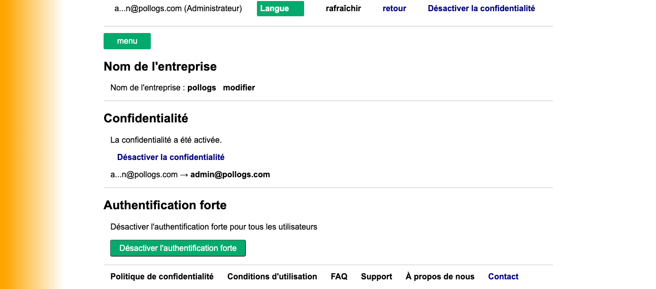 Vue du tableau de bord des paramètres administrateur