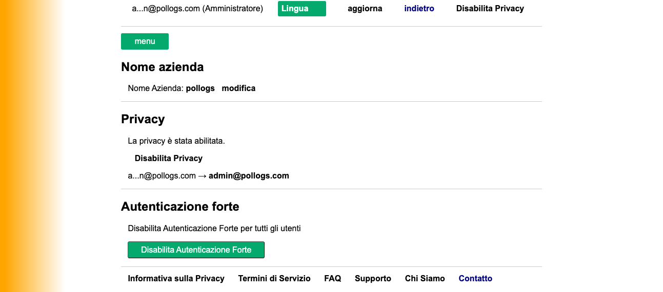 Vista Dashboard Impostazioni Admin