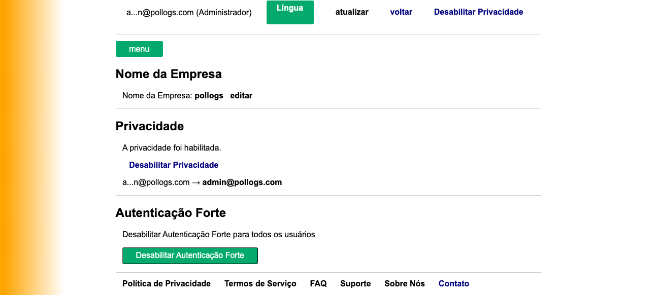 Visualização do Painel de Configurações do Administrador